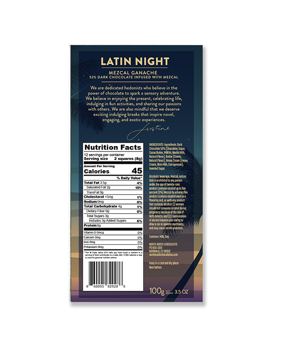 
                  
                    Latin Night Bar (Dark chocolate with Mezcal-infused Ganache)
                  
                